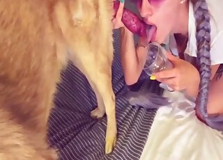 Skinny blonde tries sex with a dog on live cam before drinking sperm