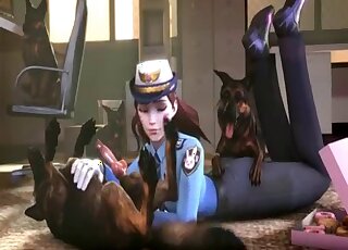 D.Va has two dogs competing for her perfect pussy in a 3D video
